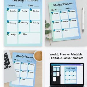 Weekly Planner Printable + Editable Canva Template | Blue A4 Planner | Weekly Schedule | Digital Download