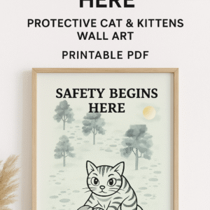 “Safety Begins Here – Protective Cat & Kittens Wall Art | Nursery Printable | Animal Illustration Decor (PDF)”