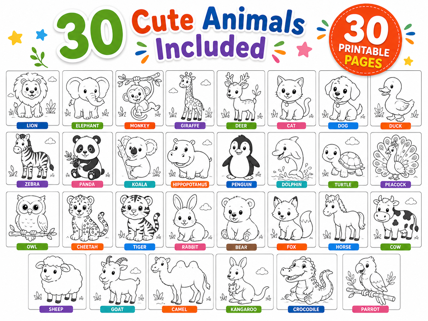 Animal Coloring Book for Kids PDF | 30 Animal Coloring Pages | Learn Animal Names | Preschool & Kindergarten Activity | Instant Download - الصورة 3
