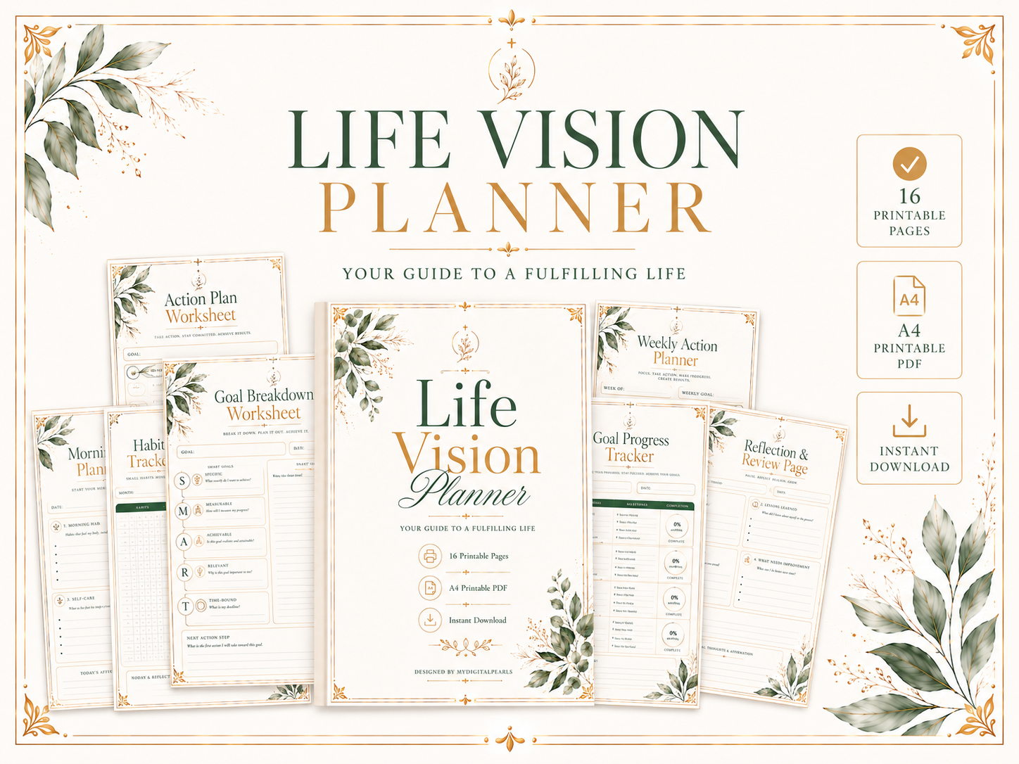 Life Vision Planner PDF | Goal Setting Workbook | Personal Growth Planner | Printable Vision Board & Habit Tracker | A4 Instant Download