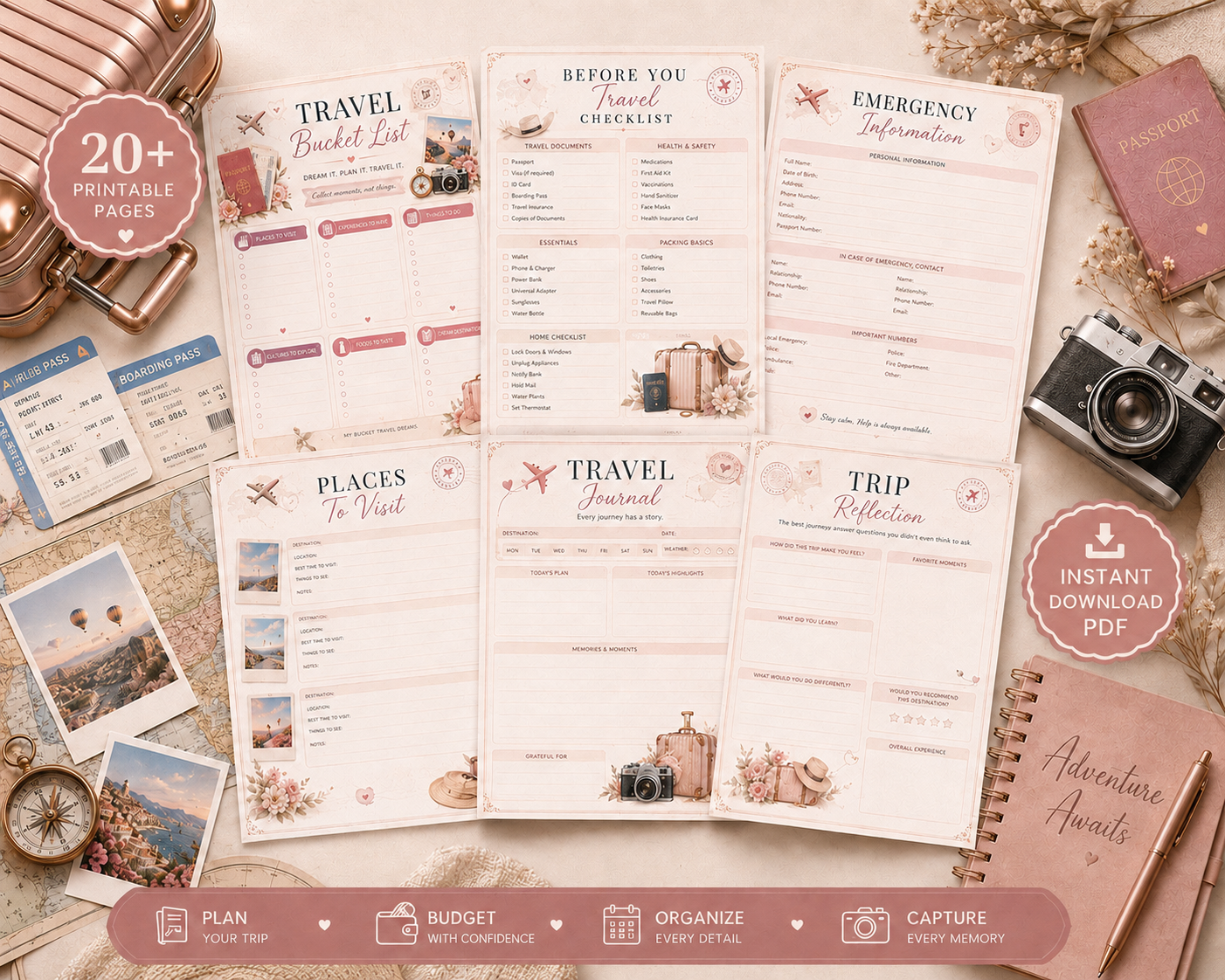 Travel Planner Bundle PDF | Travel Journal, Packing Checklist, Bucket List, Travel Budget Planner | A4 Instant Download - الصورة 2
