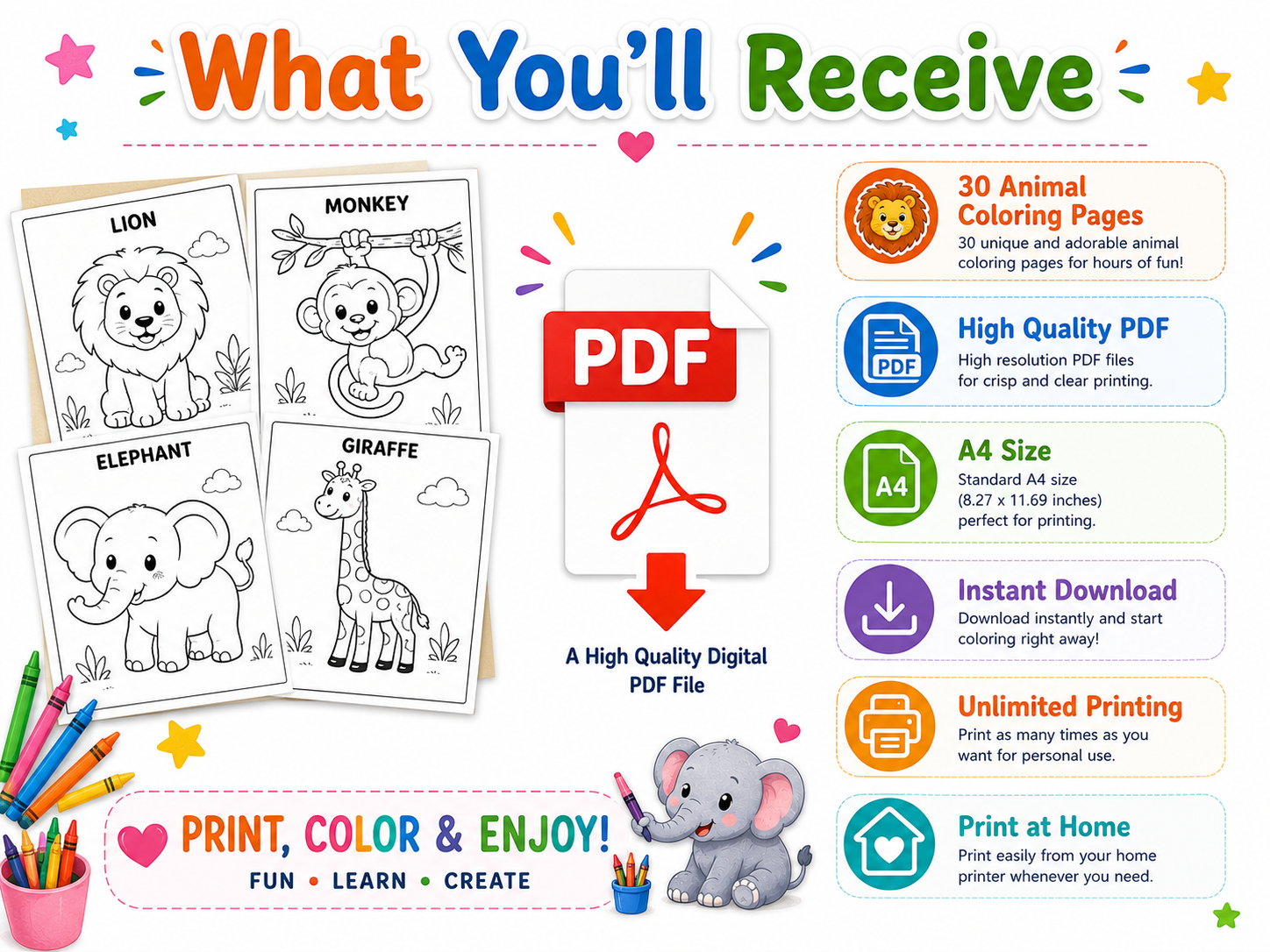 Animal Coloring Book for Kids PDF | 30 Animal Coloring Pages | Learn Animal Names | Preschool & Kindergarten Activity | Instant Download - الصورة 5