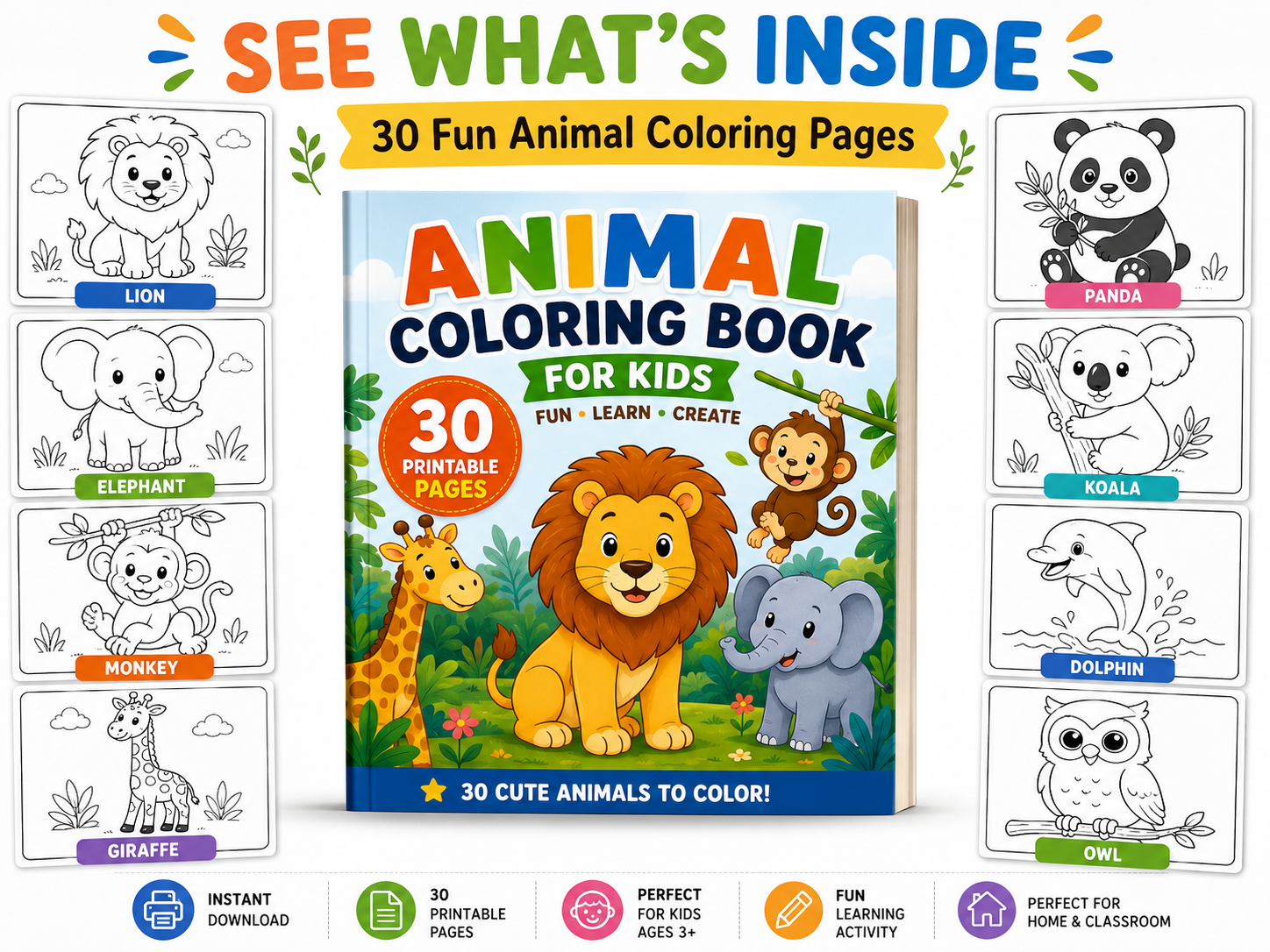 Animal Coloring Book for Kids PDF | 30 Animal Coloring Pages | Learn Animal Names | Preschool & Kindergarten Activity | Instant Download - الصورة 2