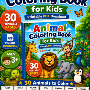 Animal Coloring Book for Kids PDF | 30 Animal Coloring Pages | Learn Animal Names | Preschool & Kindergarten Activity | Instant Download