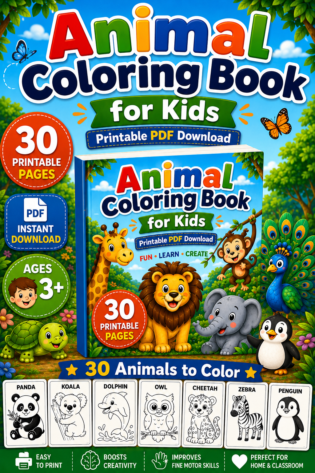 Animal Coloring Book for Kids PDF | 30 Animal Coloring Pages | Learn Animal Names | Preschool & Kindergarten Activity | Instant Download